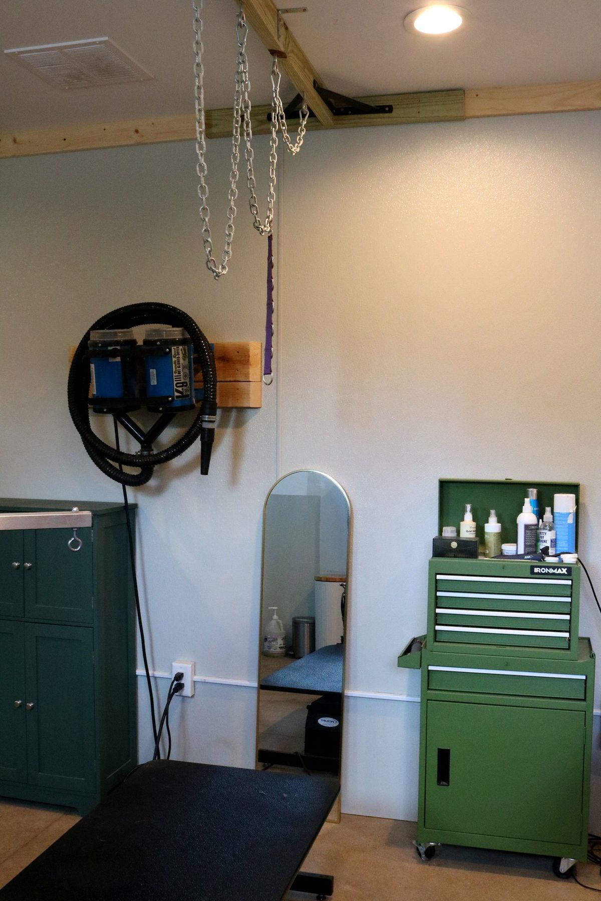 The supply cabinet and mirror in the grooming room